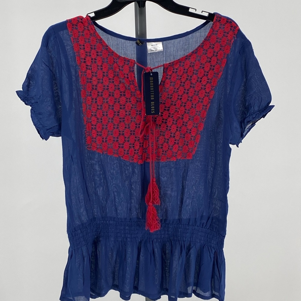 Manhattan Blues Blue Bohemian Style Top With Red Embroidery